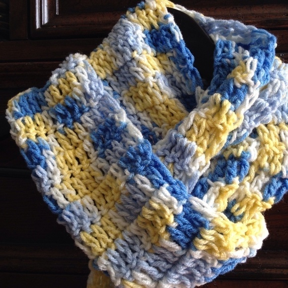 Handmade blue, yellow, and white knitted scarf - Picture 2 of 4
